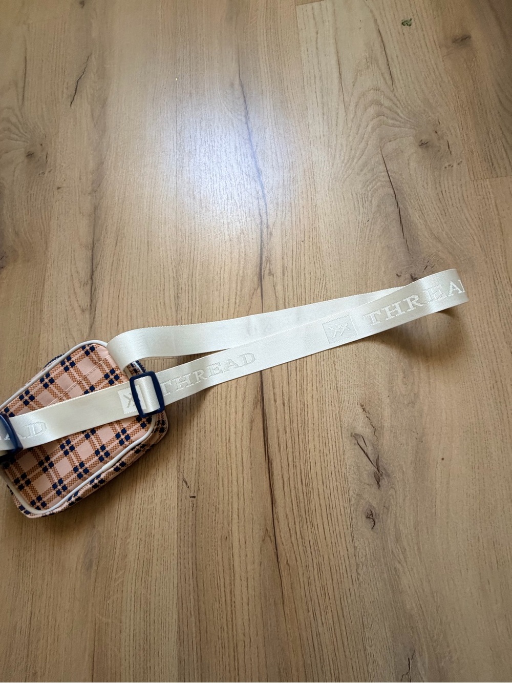 Thread Peach Plaid Crossbody Belt Bag with Navy Accents - Picture 3 of 5